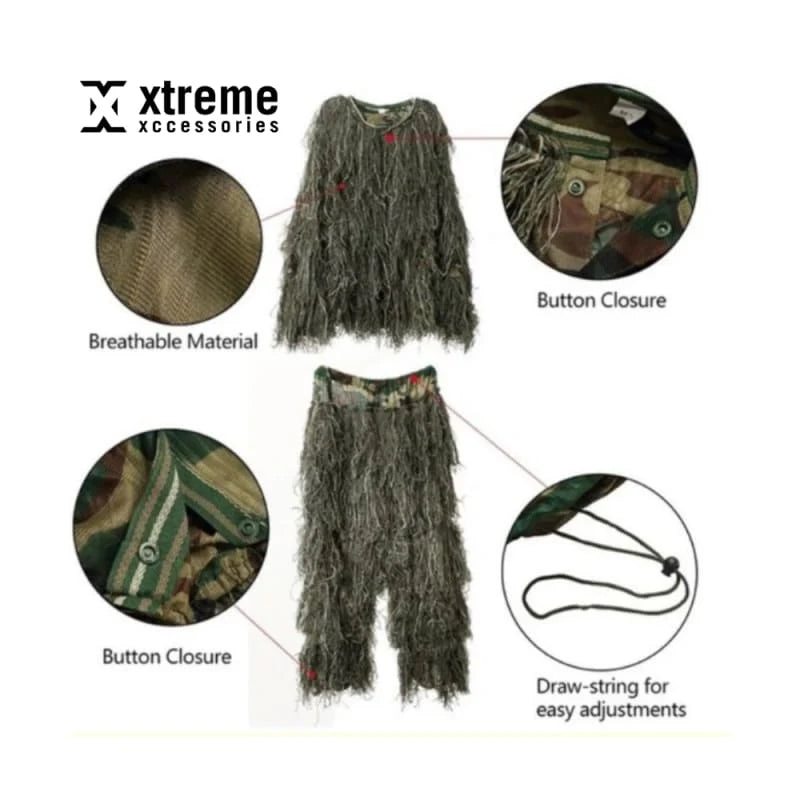 3D Grass Style Green Forest Ghillie Suit Sniper Tactical Paintball Game Camouflage Hunting Cloth Halloween Costume